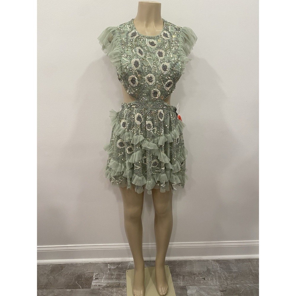 Mac Duggal 35101 Dress Seafoam Green Floral Cutout Waist Short Sequin Beaded 4